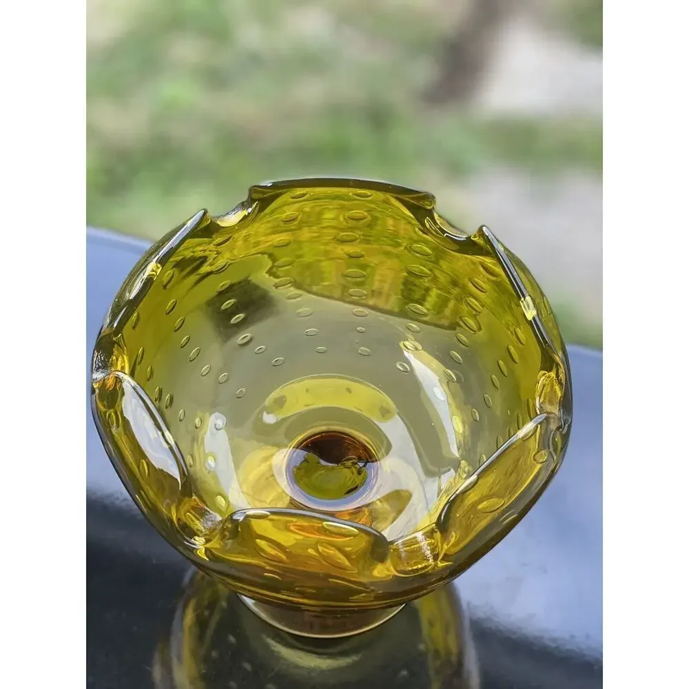 Bischoff Gold Footed Bubbles Compote Bowl Pinched Edge Art Glass Amber Pedestal‎